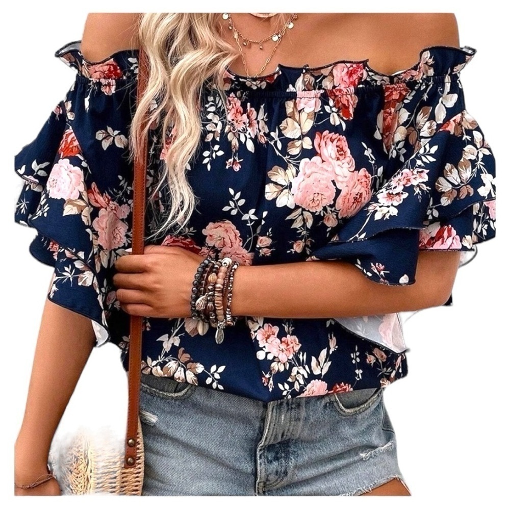 Navy Blue and Pink Ruffle Off Shoulder Flounce Sleeve Floral Blouse Large NWOT - Picture 3 of 7